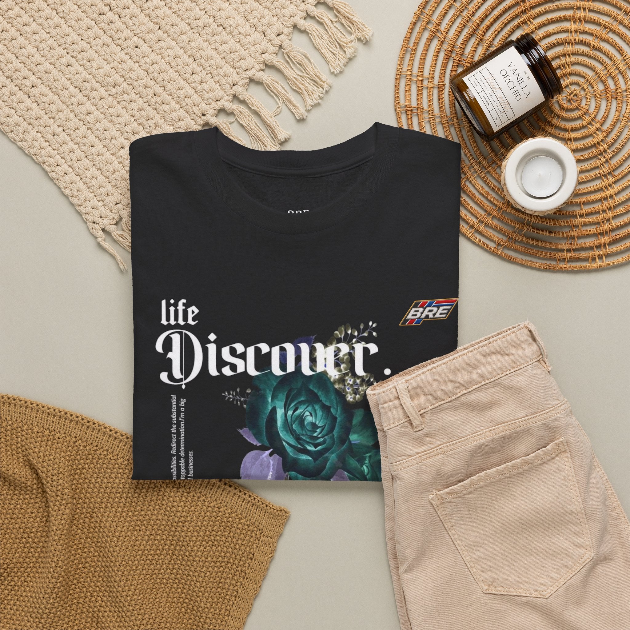 Discover Floral Graphic Tee — 'life Discover.' Green Rose Streetwear T-Shirt