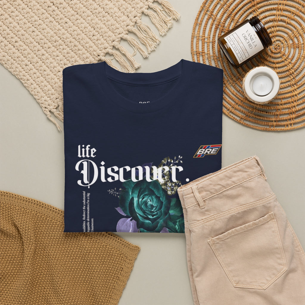 Discover Floral Graphic Tee — 'life Discover.' Green Rose Streetwear T-Shirt