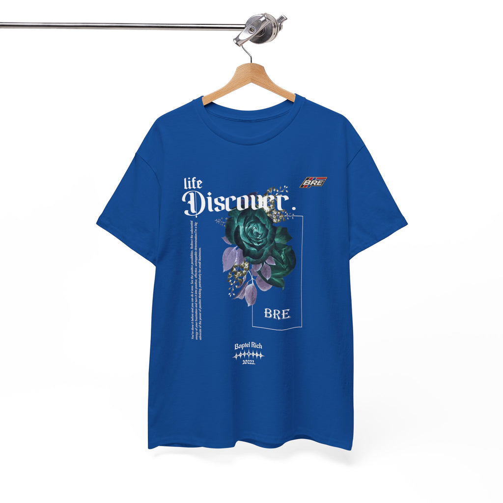 Discover Floral Graphic Tee — 'life Discover.' Green Rose Streetwear T-Shirt