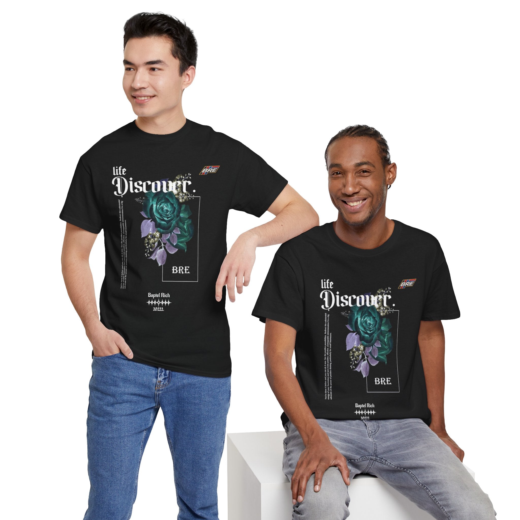 Discover Floral Graphic Tee — 'life Discover.' Green Rose Streetwear T-Shirt