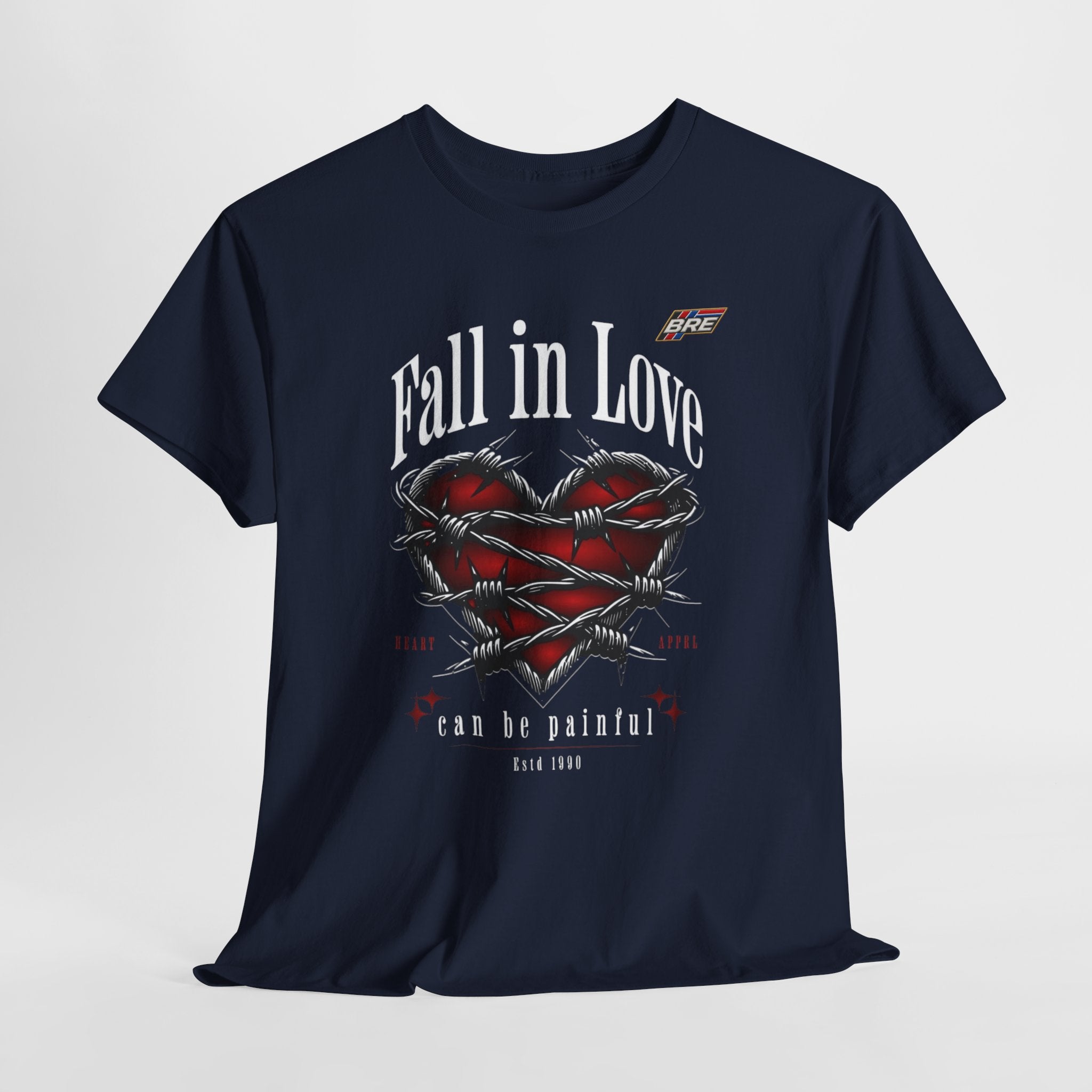 Fall in Love Graphic Tee — "Fall in Love Can Be Painful" Heart & Barbed Wire Punk T-Shirt