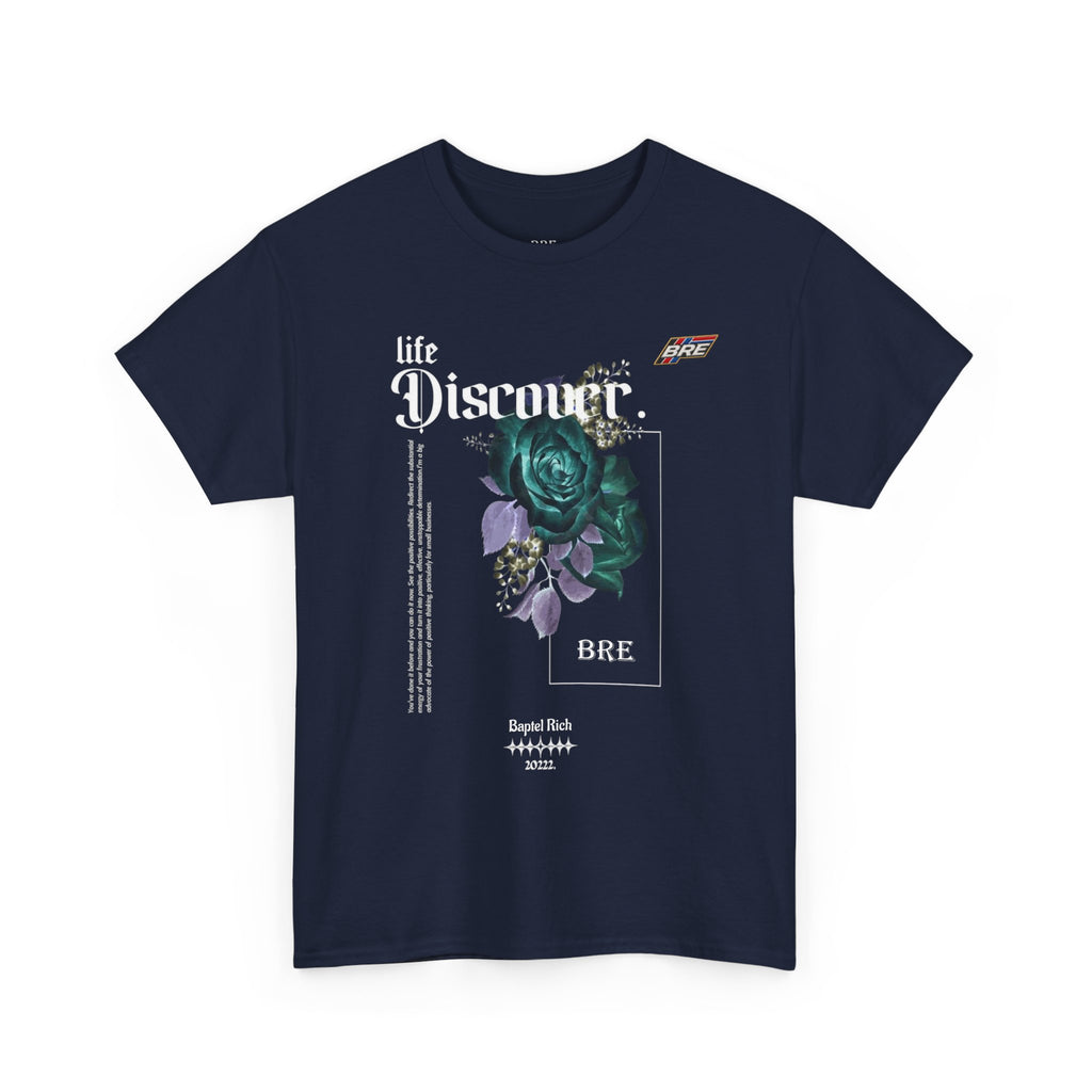 Discover Floral Graphic Tee — 'life Discover.' Green Rose Streetwear T-Shirt