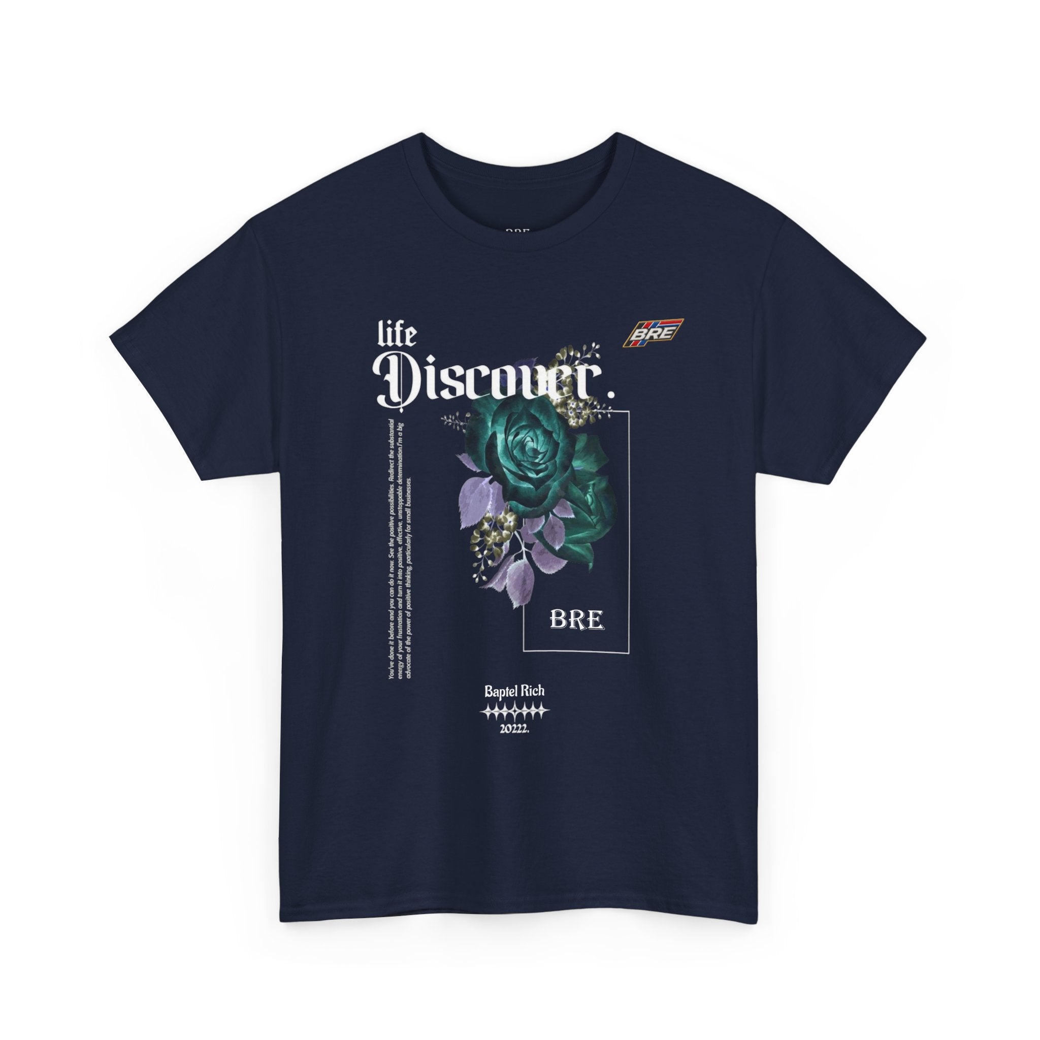 Discover Floral Graphic Tee — 'life Discover.' Green Rose Streetwear T-Shirt
