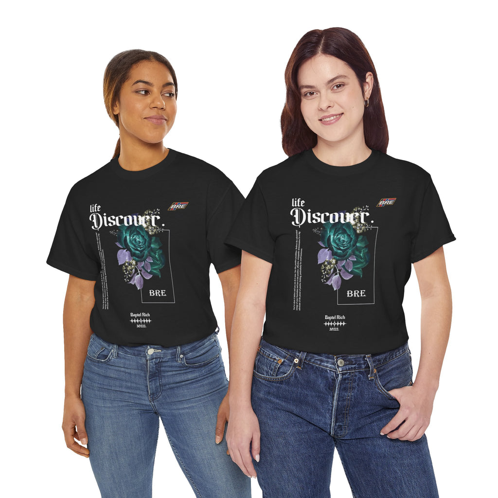 Discover Floral Graphic Tee — 'life Discover.' Green Rose Streetwear T-Shirt