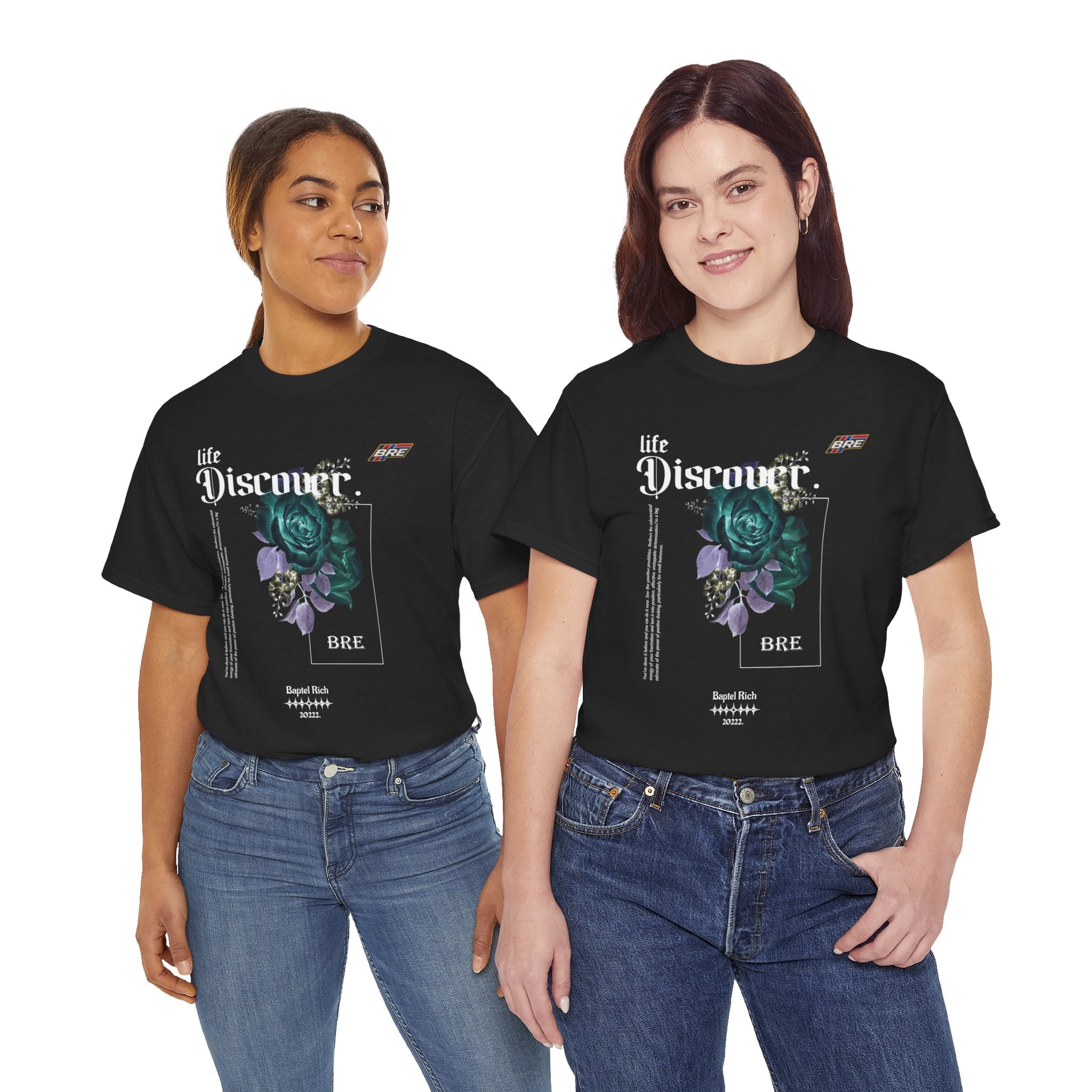 Discover Floral Graphic Tee — 'life Discover.' Green Rose Streetwear T-Shirt