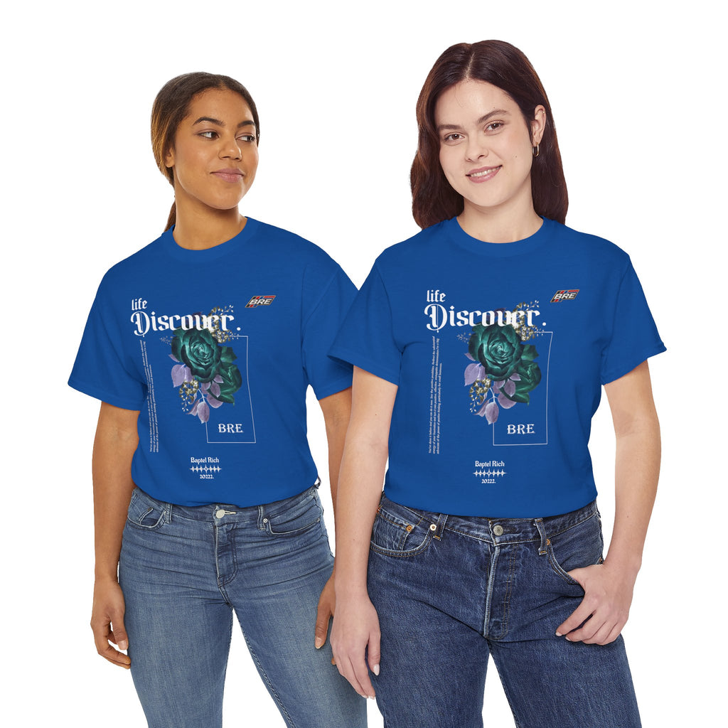 Discover Floral Graphic Tee — 'life Discover.' Green Rose Streetwear T-Shirt