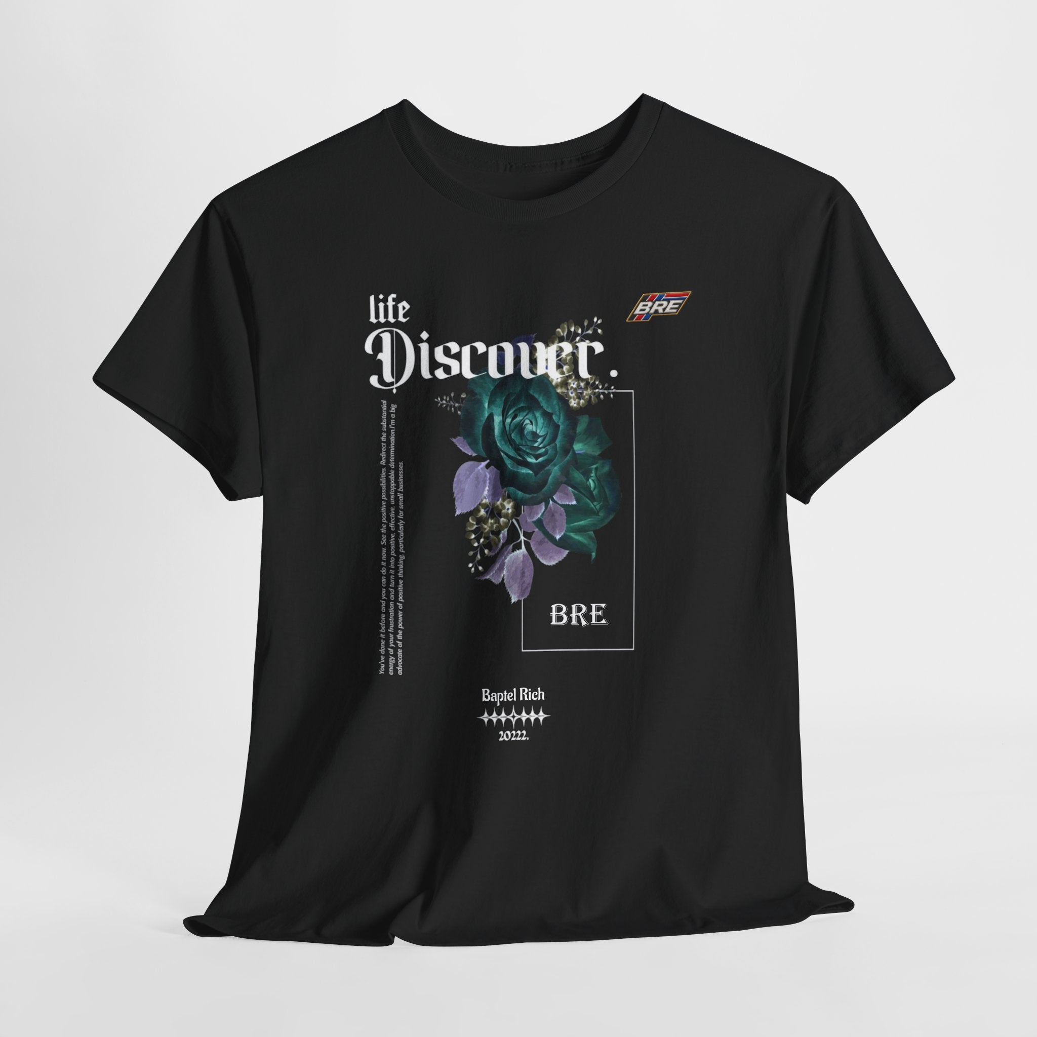 Discover Floral Graphic Tee — 'life Discover.' Green Rose Streetwear T-Shirt