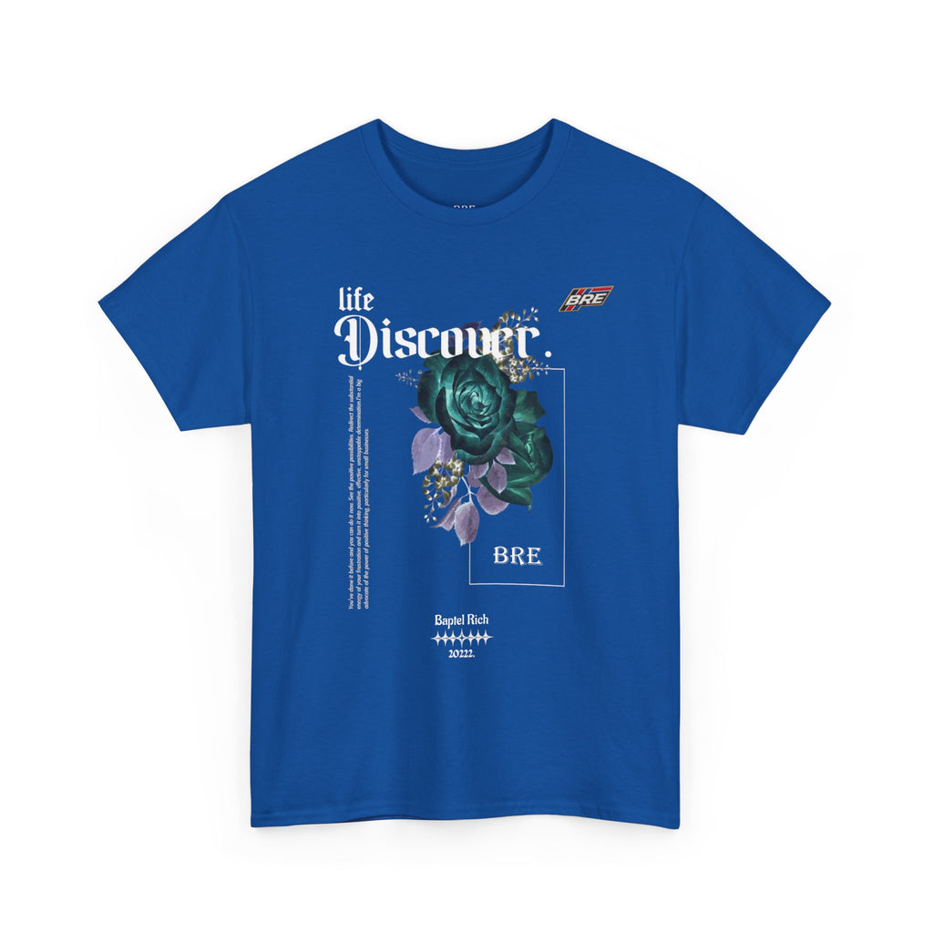 Discover Floral Graphic Tee — 'life Discover.' Green Rose Streetwear T-Shirt