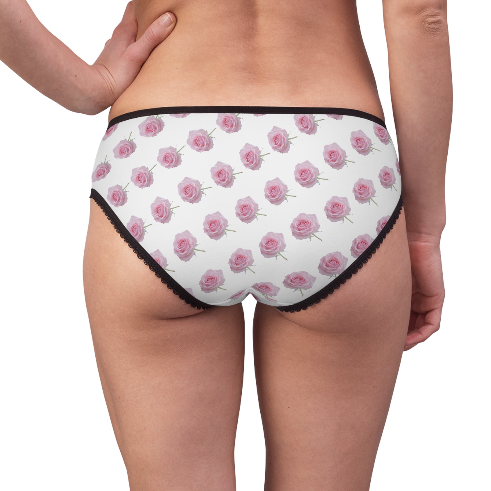 Floral Rose Print Women's Briefs — Pink Roses All-Over-Print Lacy Trim Underwear