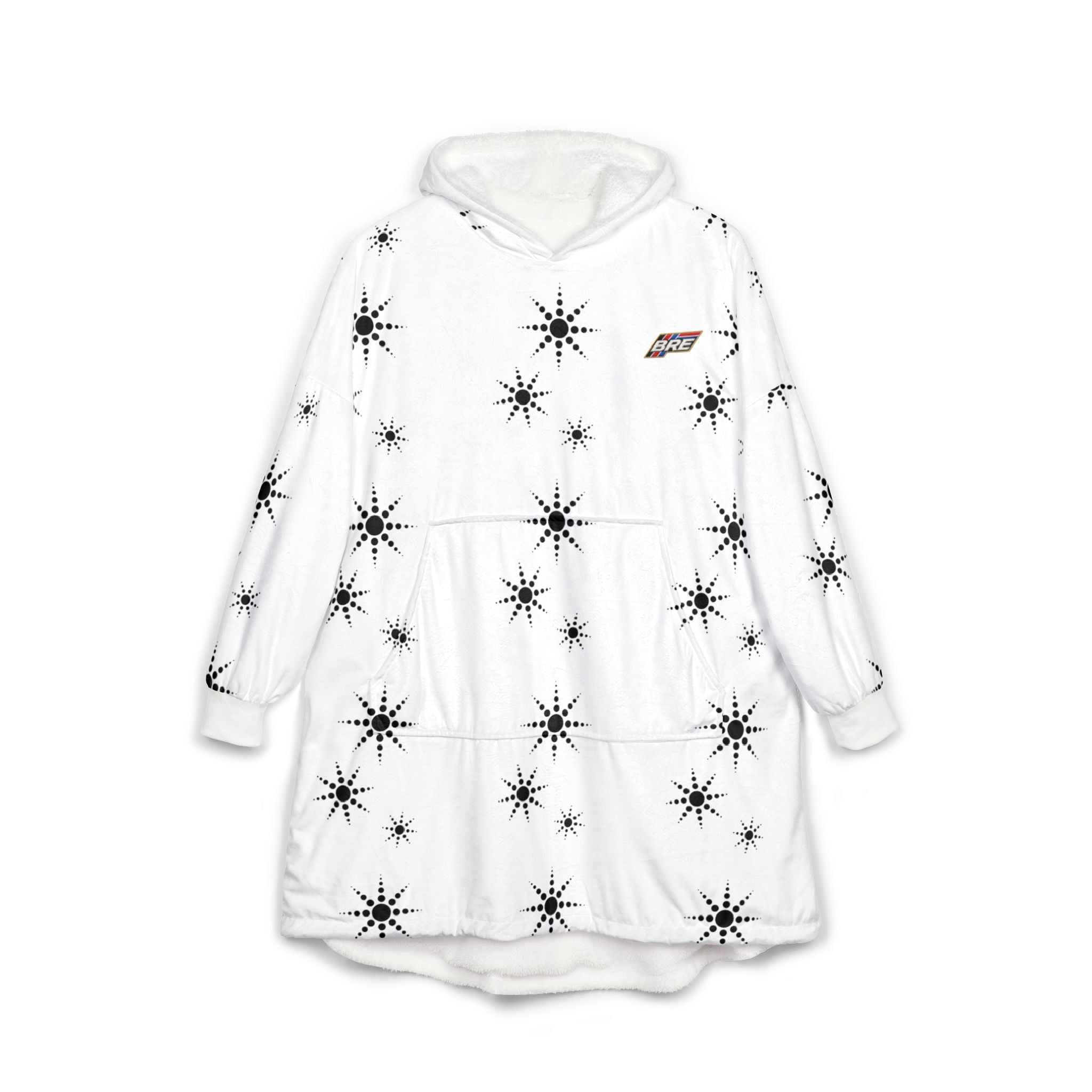 Starburst Hooded Blanket – Cozy White Sherpa Wearable Blanket with Black Snowflake Pattern