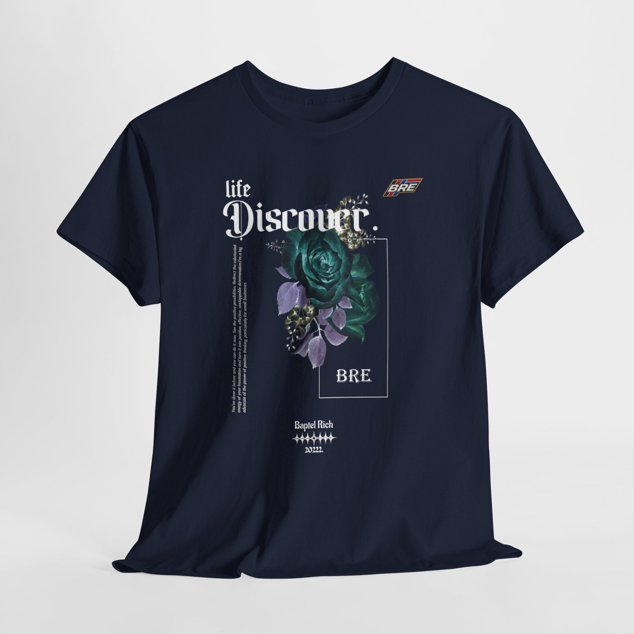 Discover Floral Graphic Tee — 'life Discover.' Green Rose Streetwear T-Shirt