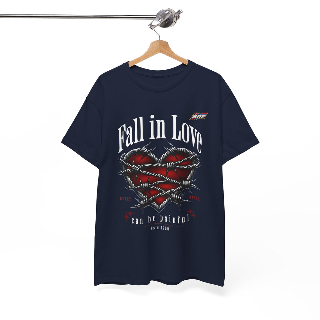 Fall in Love Graphic Tee — "Fall in Love Can Be Painful" Heart & Barbed Wire Punk T-Shirt
