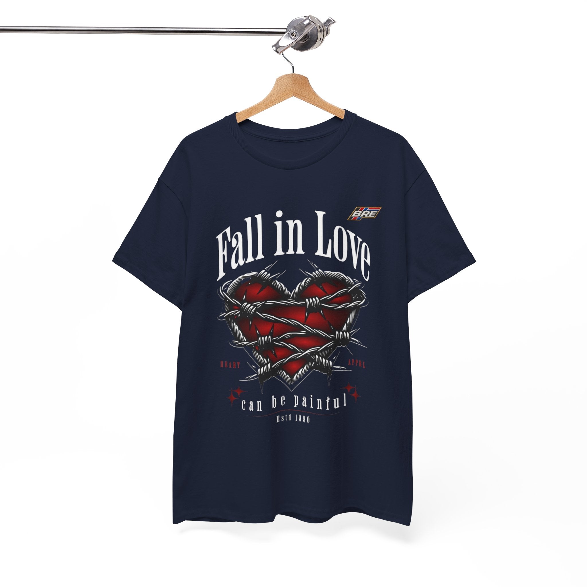 Fall in Love Graphic Tee — "Fall in Love Can Be Painful" Heart & Barbed Wire Punk T-Shirt