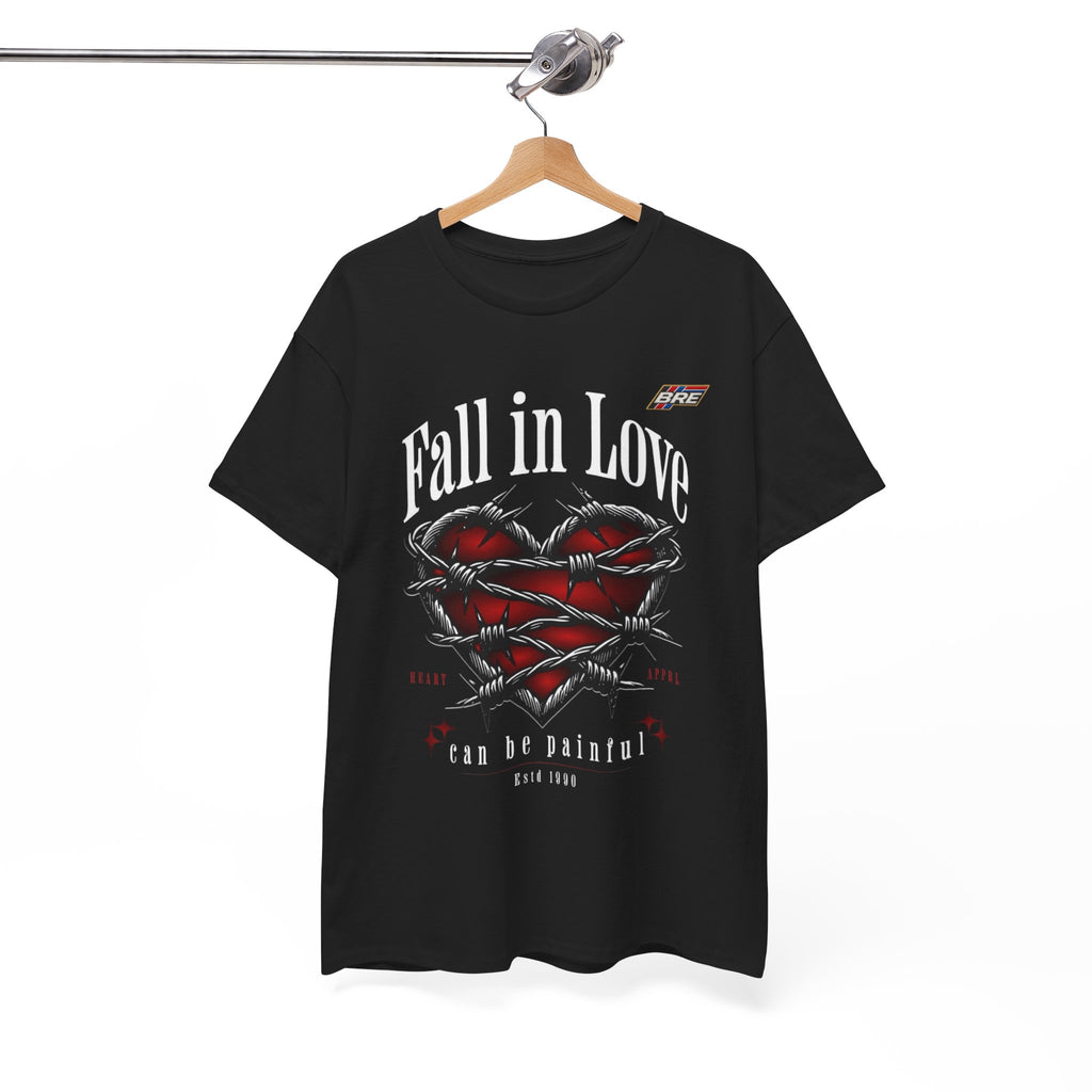 Fall in Love Graphic Tee — "Fall in Love Can Be Painful" Heart & Barbed Wire Punk T-Shirt