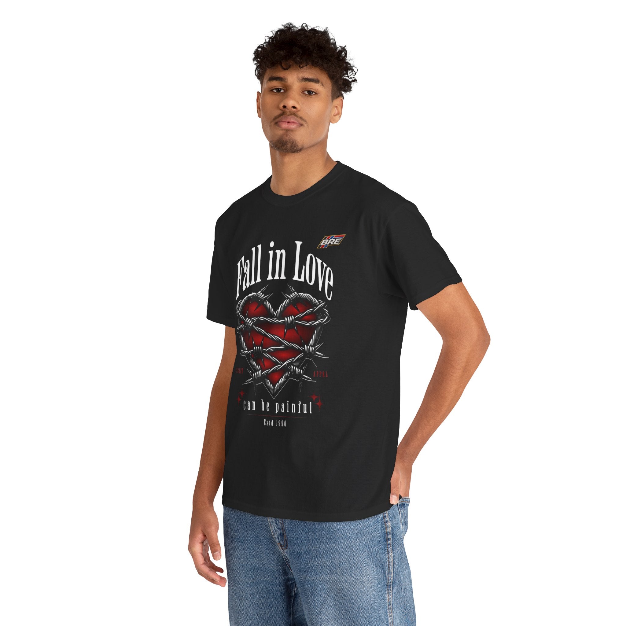 Fall in Love Graphic Tee — "Fall in Love Can Be Painful" Heart & Barbed Wire Punk T-Shirt