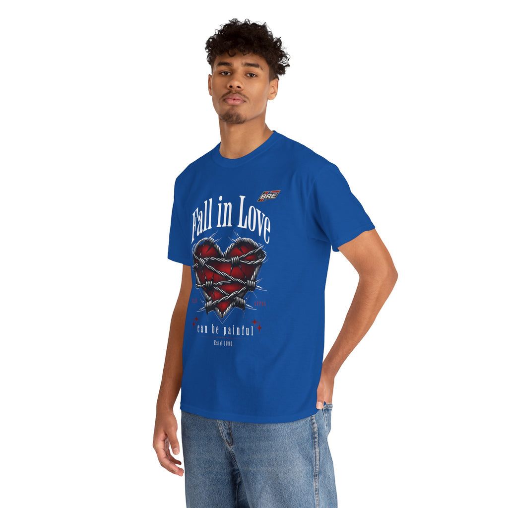 Fall in Love Graphic Tee — "Fall in Love Can Be Painful" Heart & Barbed Wire Punk T-Shirt