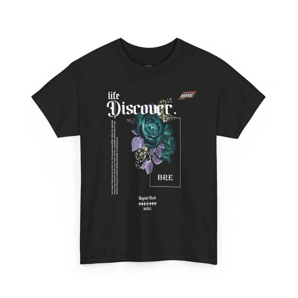 Discover Floral Graphic Tee — 'life Discover.' Green Rose Streetwear T-Shirt