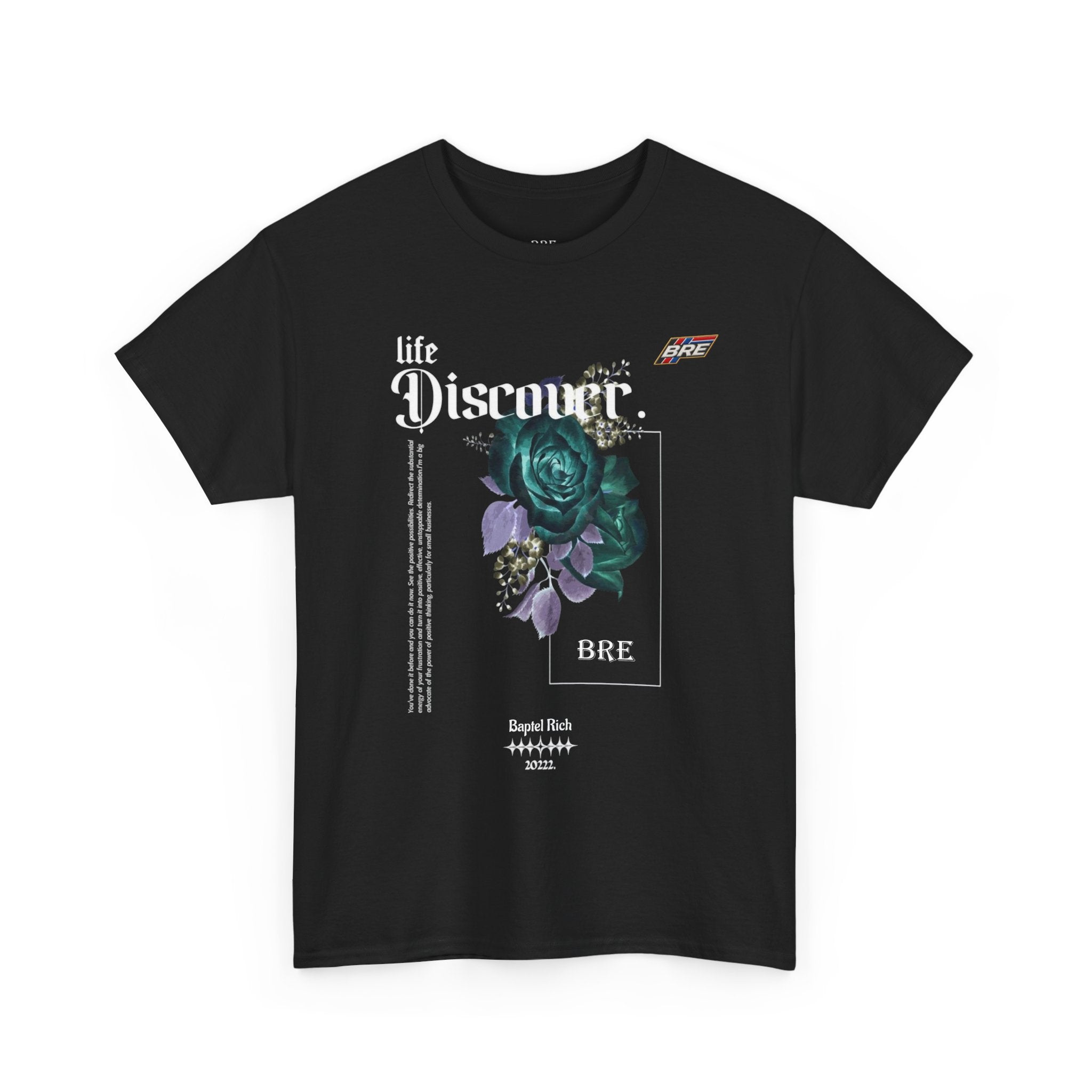Discover Floral Graphic Tee — 'life Discover.' Green Rose Streetwear T-Shirt