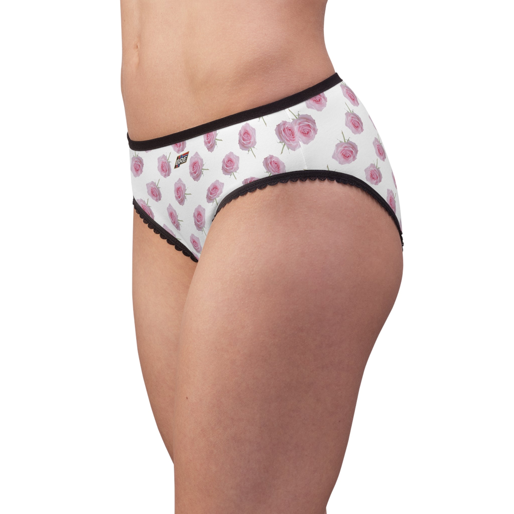 Floral Rose Print Women's Briefs — Pink Roses All-Over-Print Lacy Trim Underwear