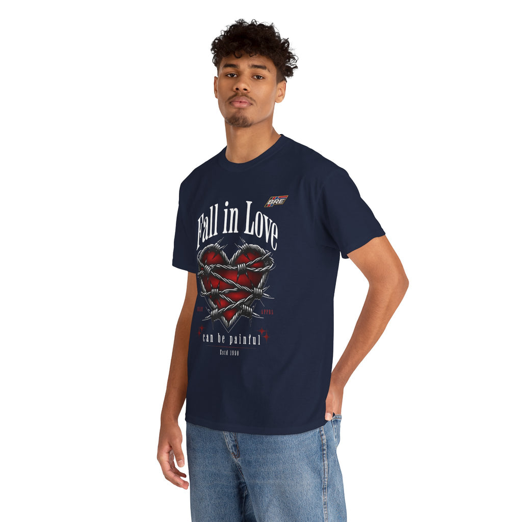 Fall in Love Graphic Tee — "Fall in Love Can Be Painful" Heart & Barbed Wire Punk T-Shirt