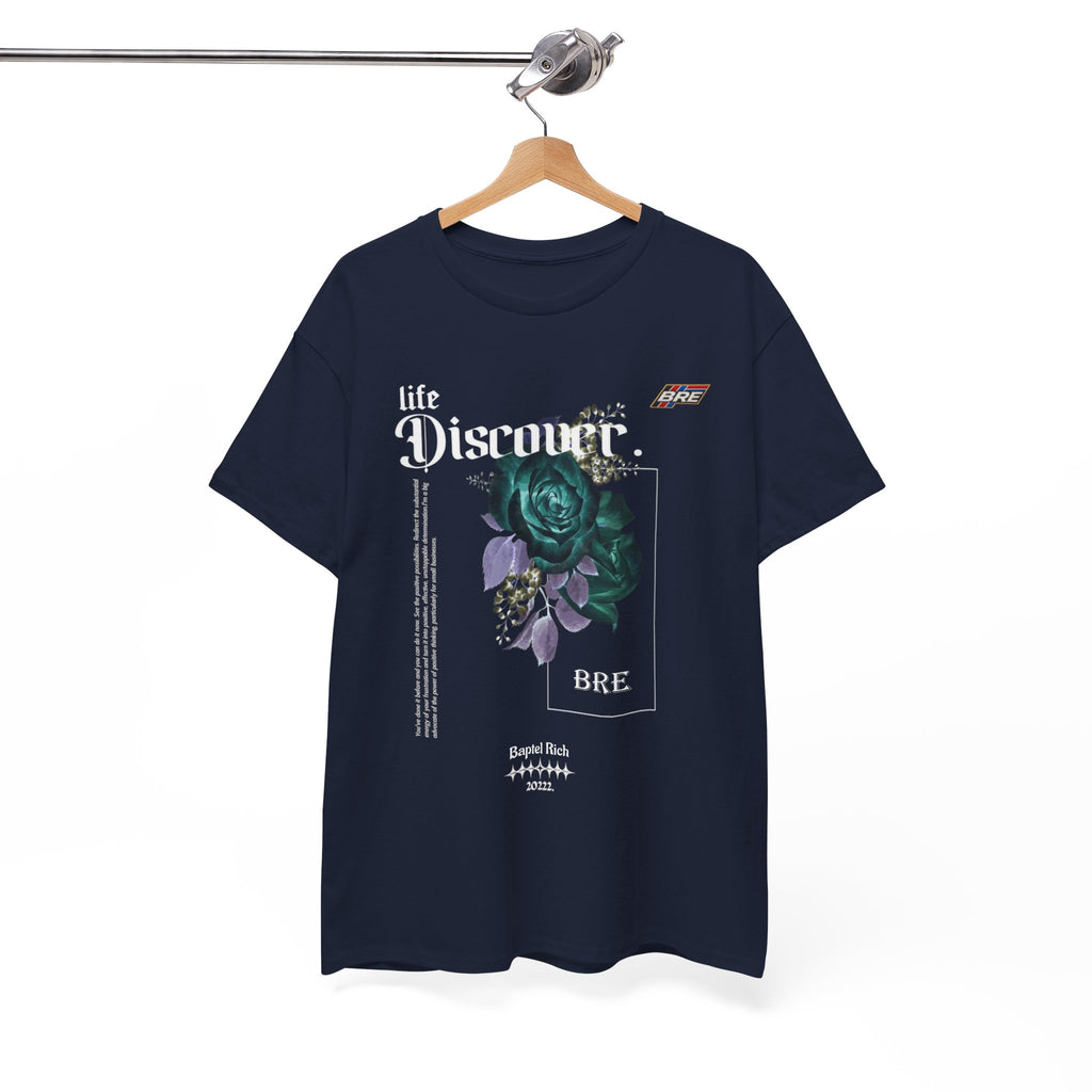 Discover Floral Graphic Tee — 'life Discover.' Green Rose Streetwear T-Shirt