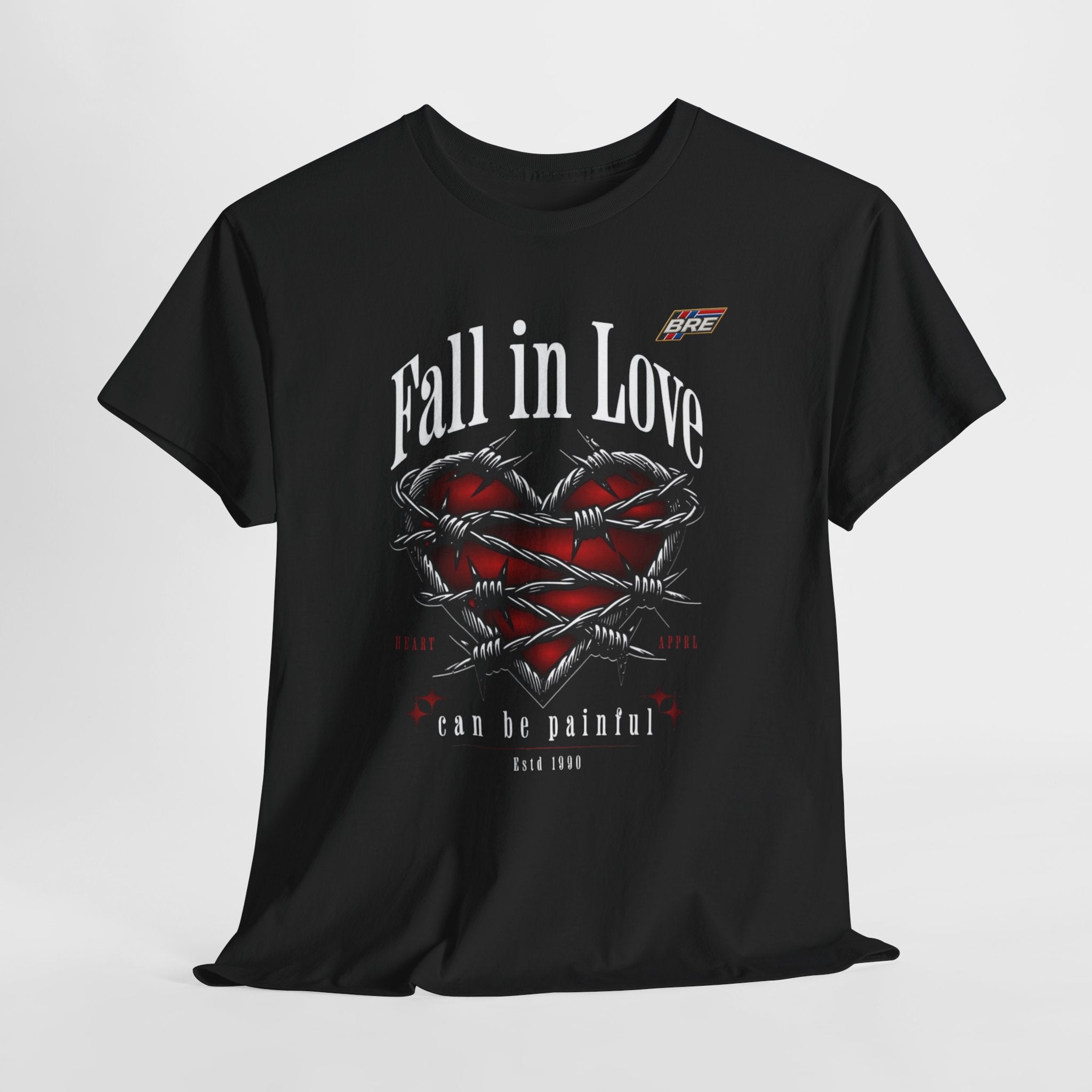 Fall in Love Graphic Tee — "Fall in Love Can Be Painful" Heart & Barbed Wire Punk T-Shirt