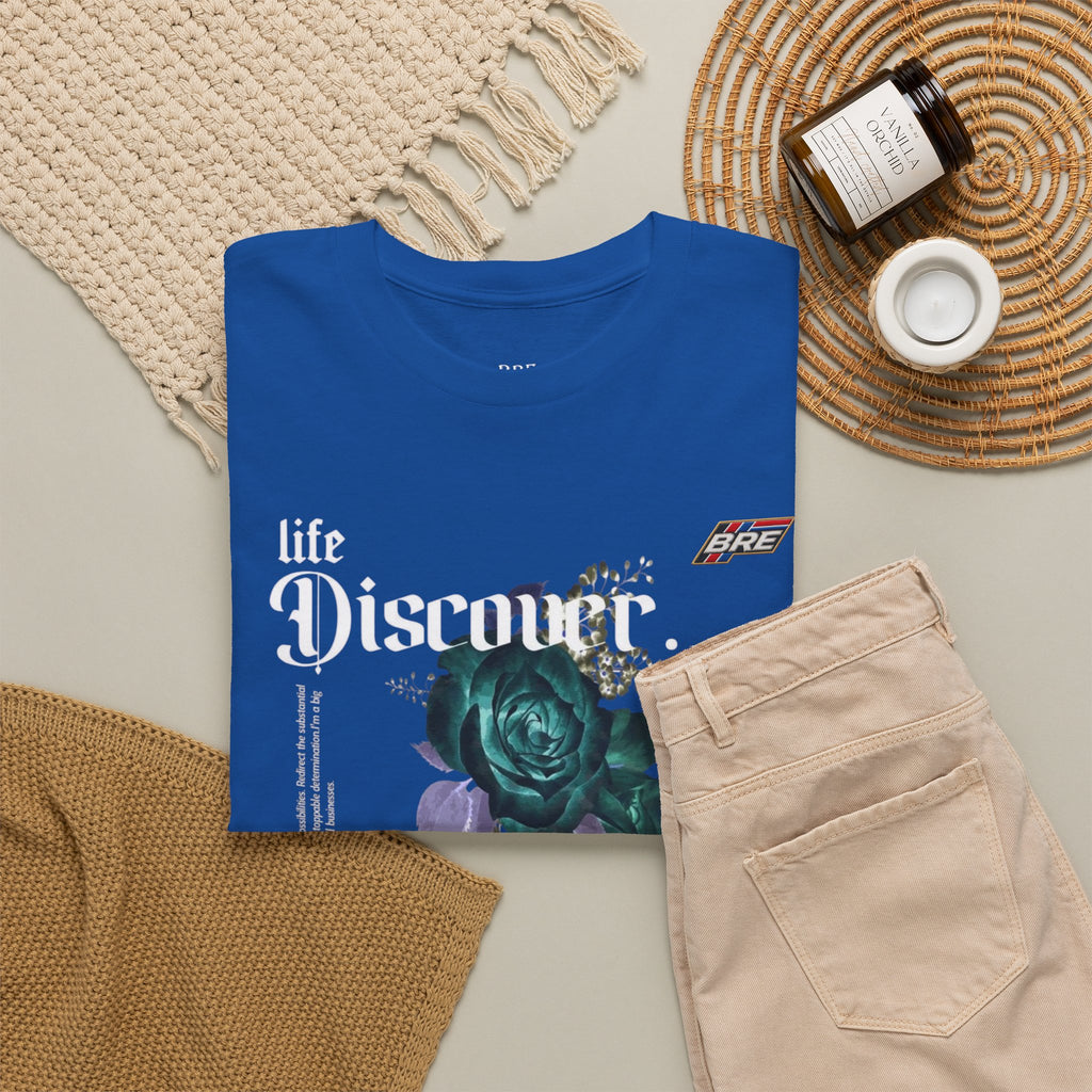 Discover Floral Graphic Tee — 'life Discover.' Green Rose Streetwear T-Shirt