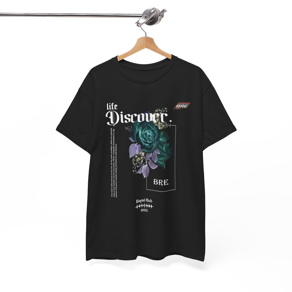 Discover Floral Graphic Tee — 'life Discover.' Green Rose Streetwear T-Shirt