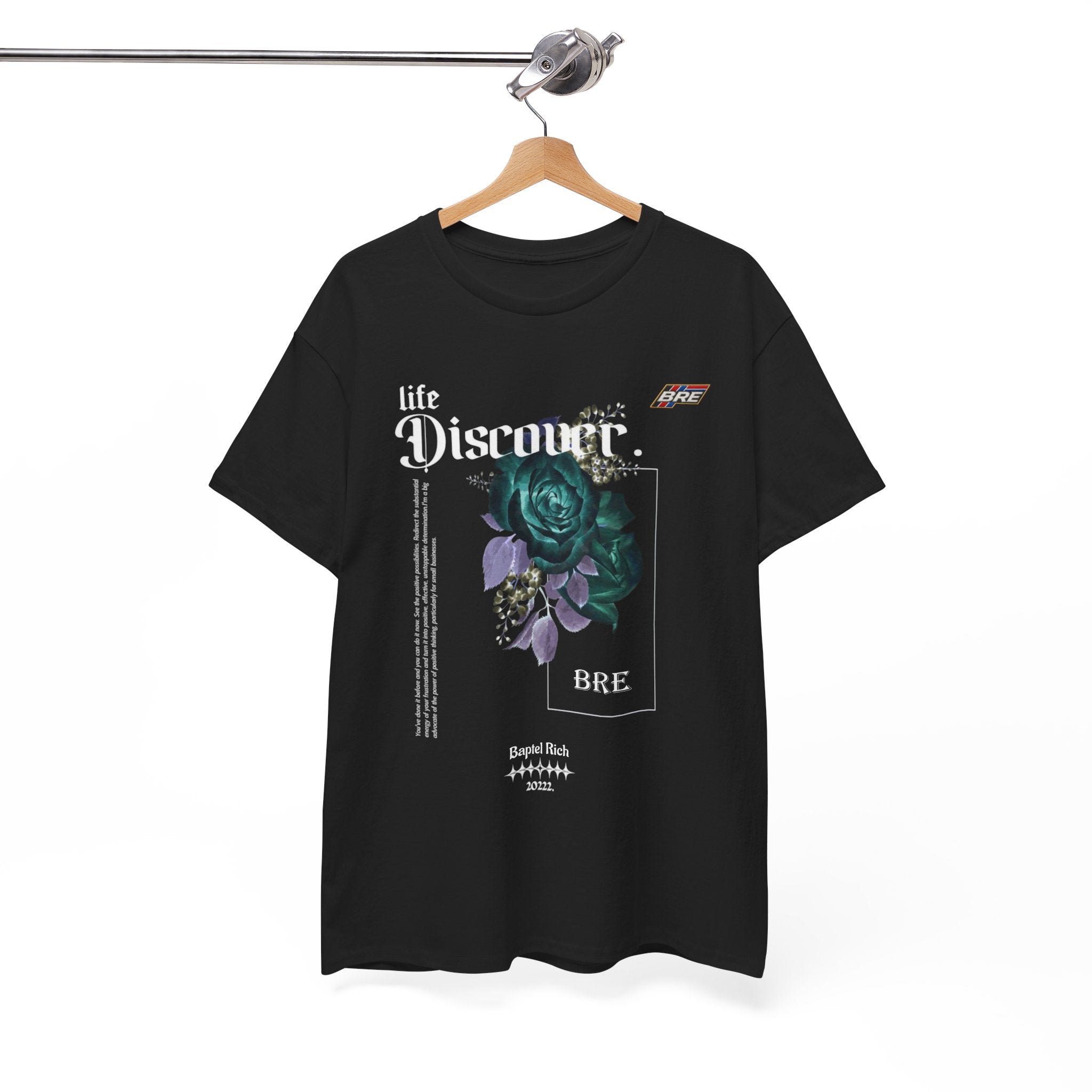 Discover Floral Graphic Tee — 'life Discover.' Green Rose Streetwear T-Shirt
