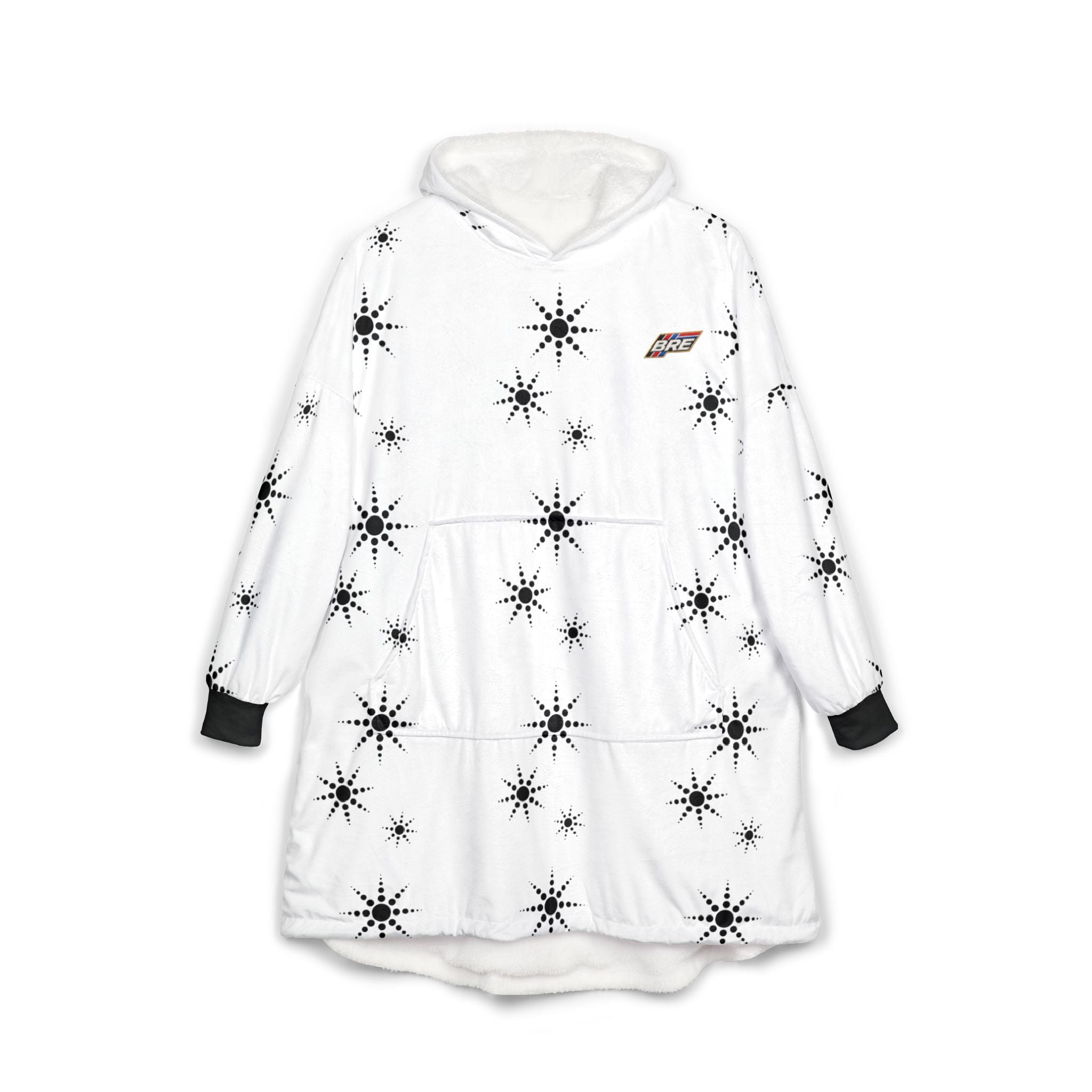 Starburst Hooded Blanket – Cozy White Sherpa Wearable Blanket with Black Snowflake Pattern